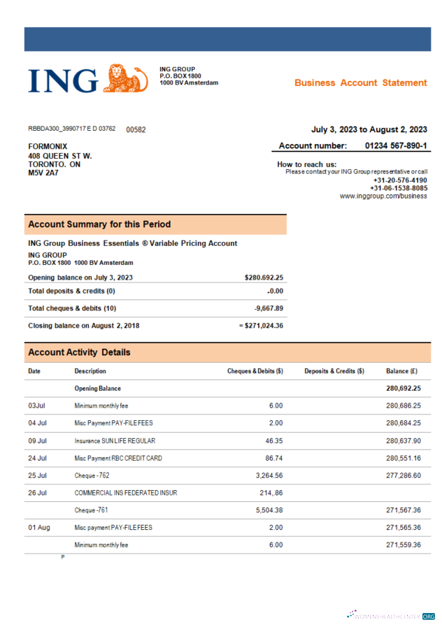 Download ING Group bank company account statement Word and PDF template Photoshop template